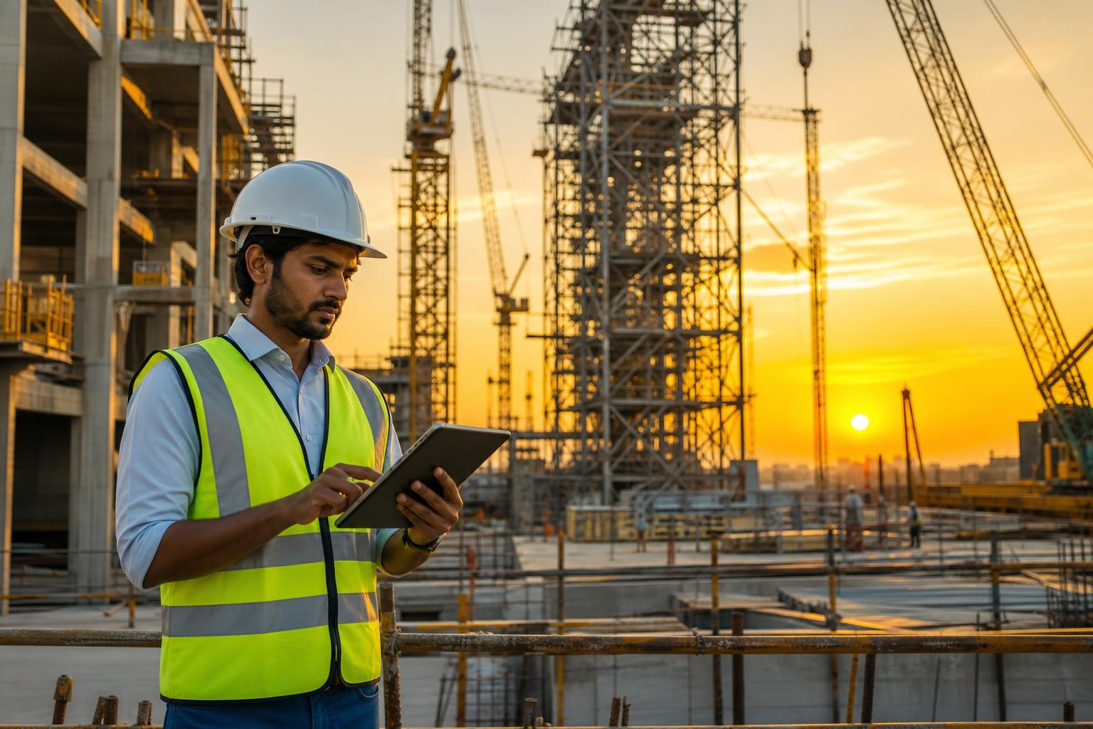 Engineer reviewing project plans at an industrial construction site